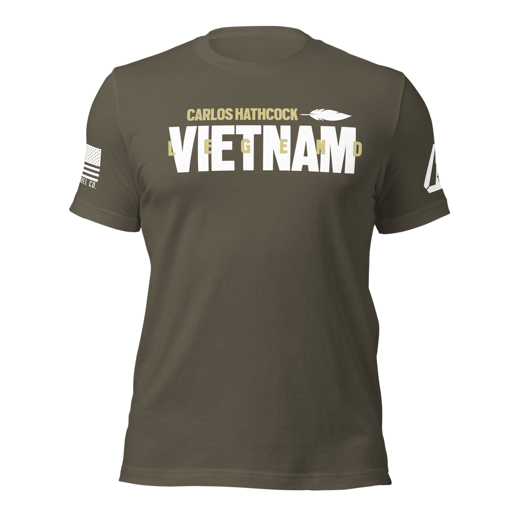 Army green Carlos Hathcock "VIETNAM LEGEND" t-shirt, featuring a DIA logo and American flag on the sleeves.