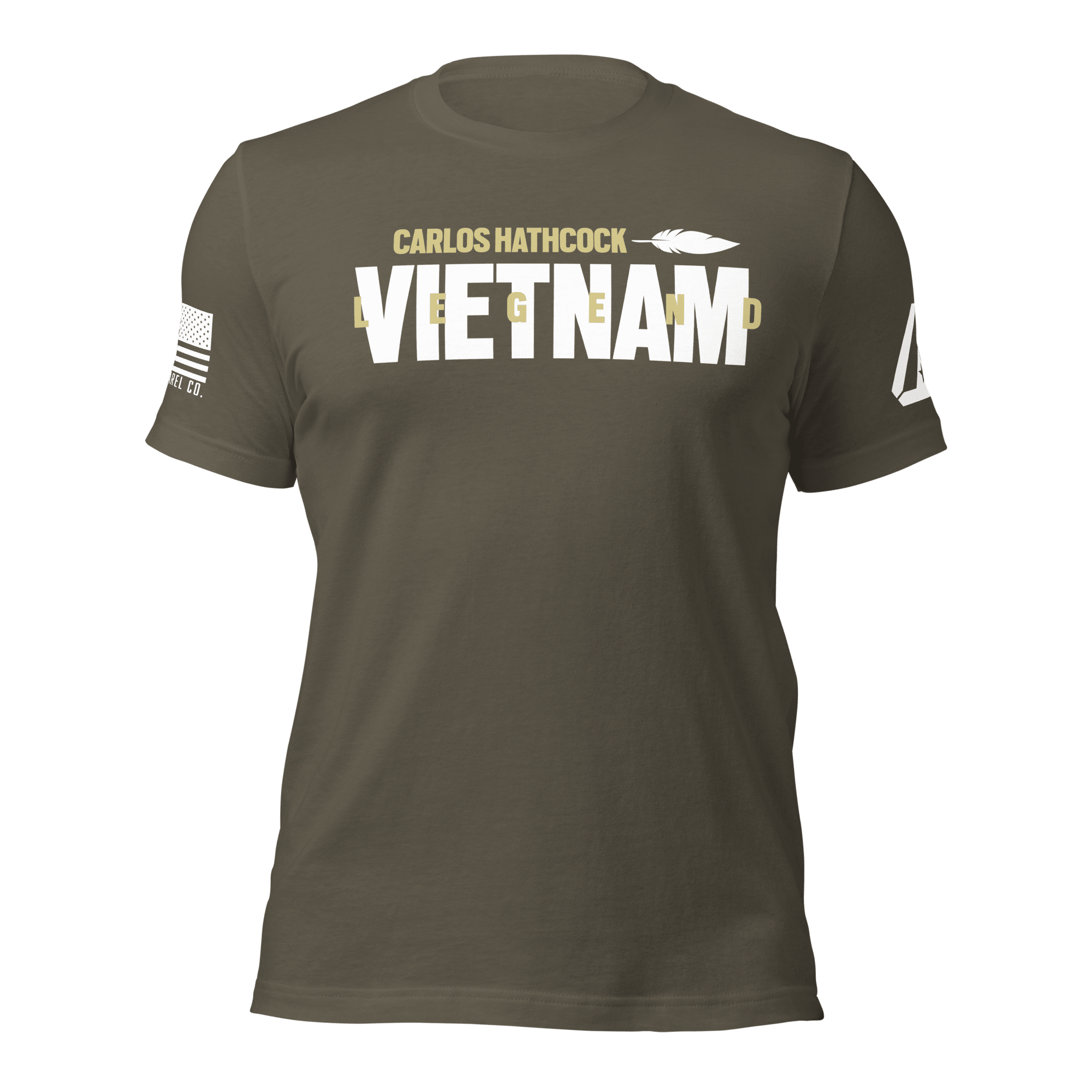 Army green Carlos Hathcock "VIETNAM LEGEND" t-shirt, featuring a DIA logo and American flag on the sleeves.