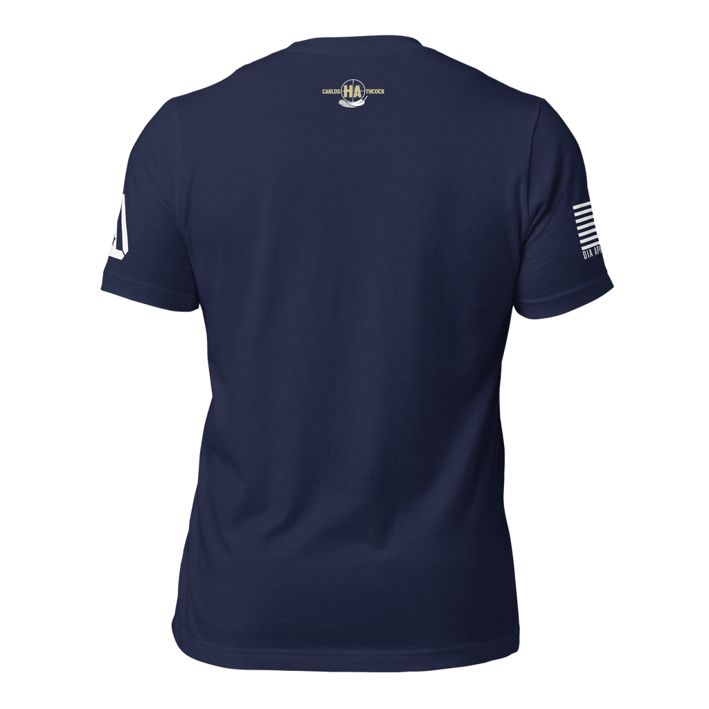 Navy blue t-shirt shown from the back with a Carlos Hathcock graphic, featuring a DIA logo on the sleeve.