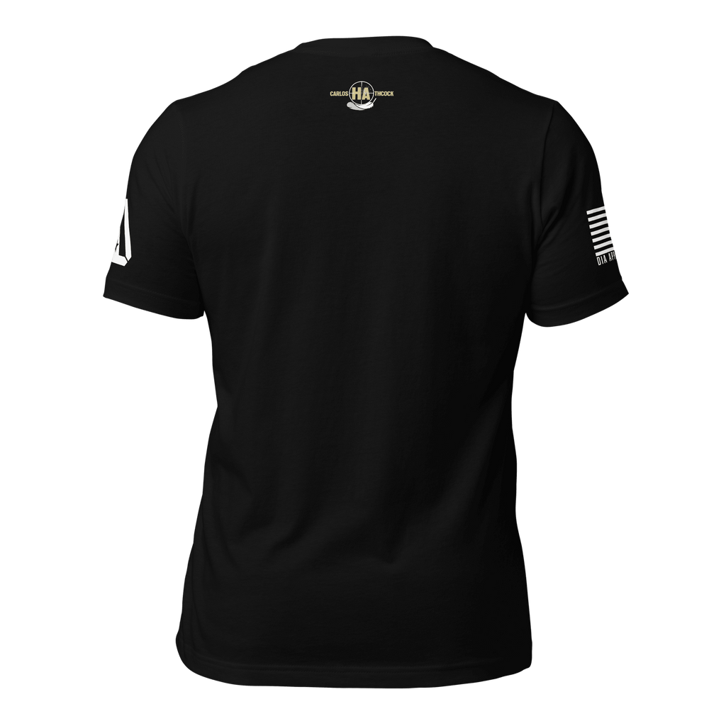 Black t-shirt shown from the back with a Carlos Hathcock graphic