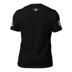 Black t-shirt shown from the back with a Carlos Hathcock graphic