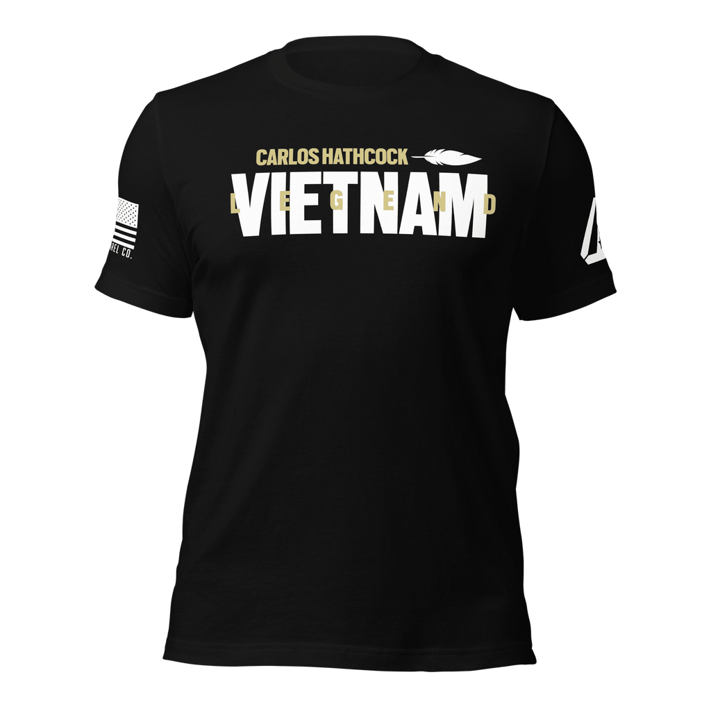 Black Carlos Hathcock "VIETNAM LEGEND" t-shirt, with a DIA logo and American flag on the sleeve.