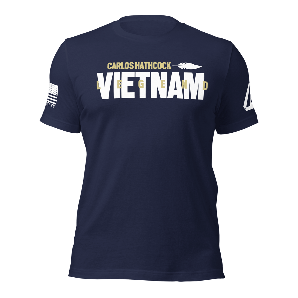 Navy blue Carlos Hathcock "VIETNAM LEGEND" t-shirt, with a DIA logo and American flag on the sleeves.