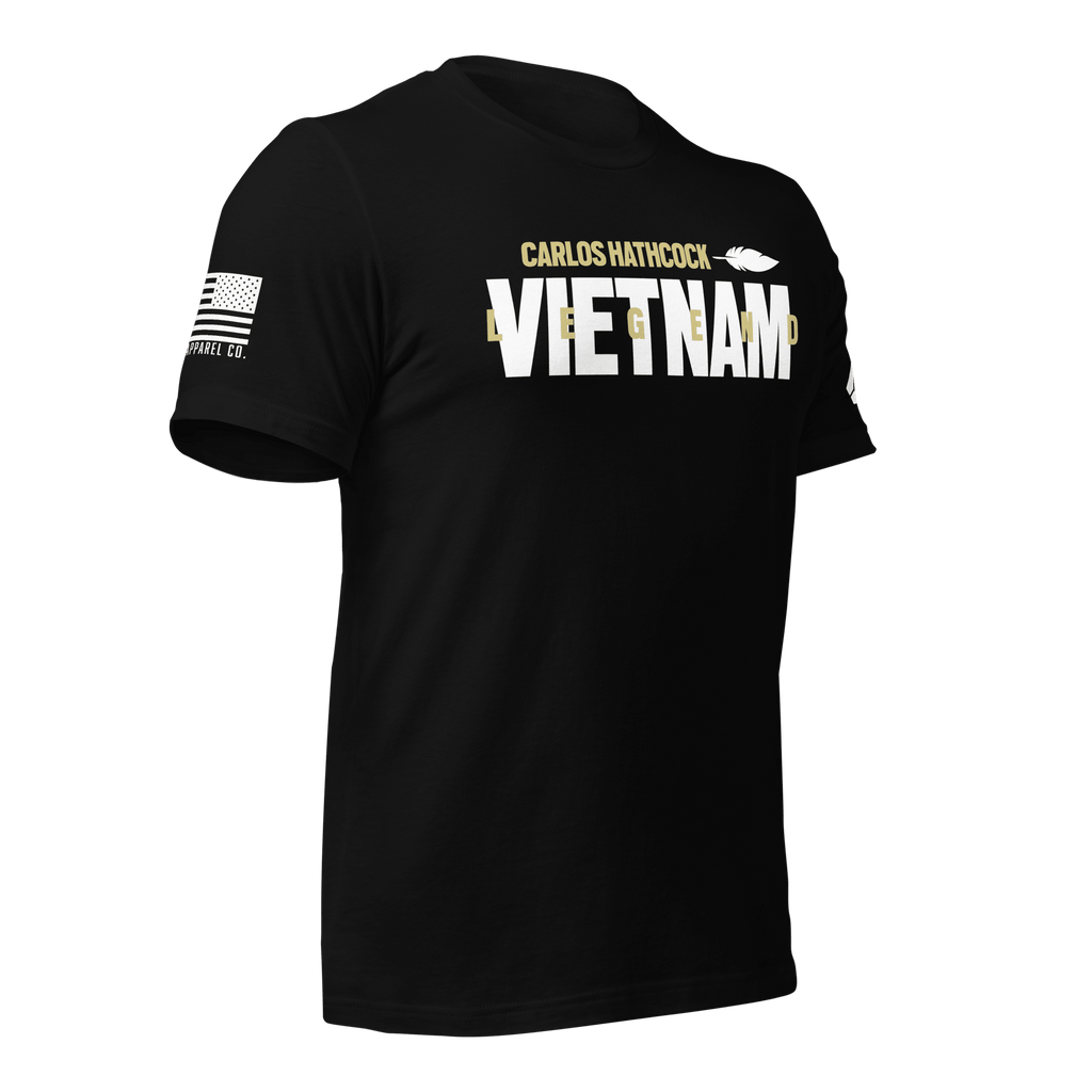 Black Carlos Hathcock "VIETNAM LEGEND" t-shirt shown from a three-quarter view, with American flag on the sleeve.
