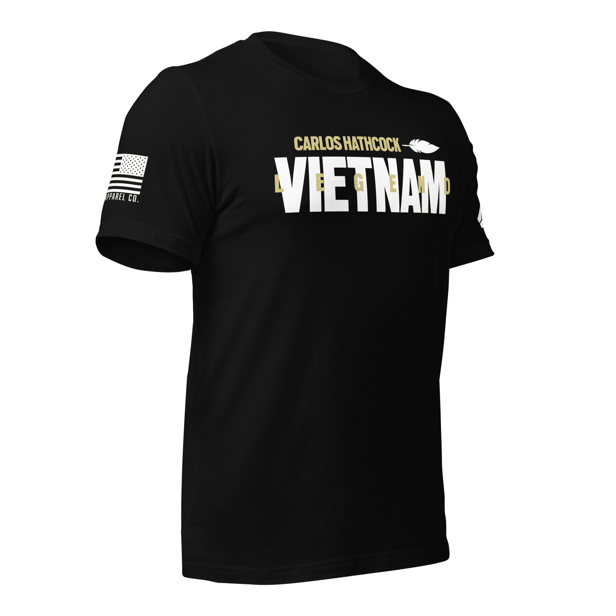 Black Carlos Hathcock "VIETNAM LEGEND" t-shirt shown from a three-quarter view, with American flag on the sleeve.