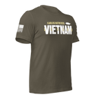 Army green Carlos Hathcock "VIETNAM LEGEND" t-shirt shown from a three-quarter view, with an American flag on the sleeve.