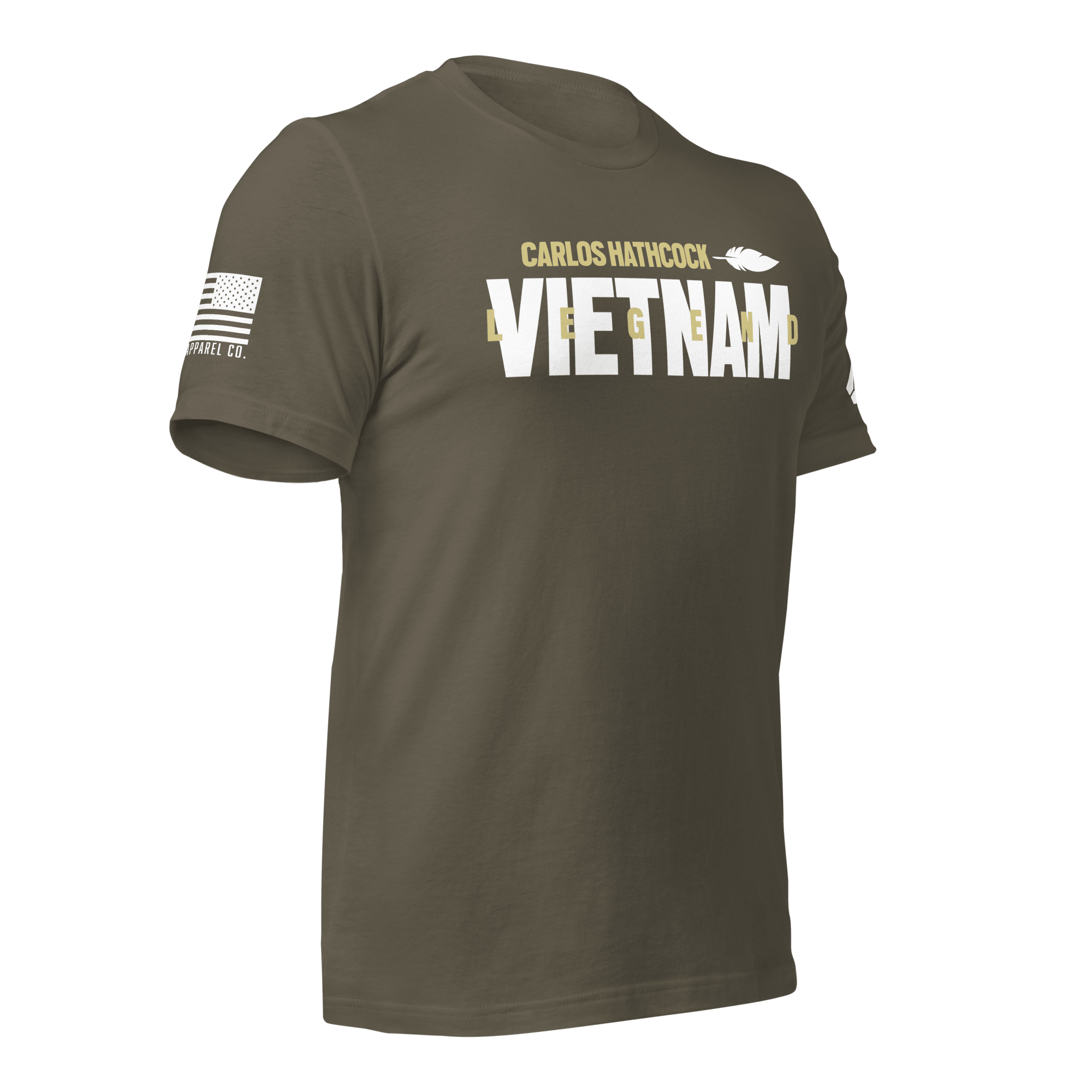 Army green Carlos Hathcock "VIETNAM LEGEND" t-shirt shown from a three-quarter view, with an American flag on the sleeve.