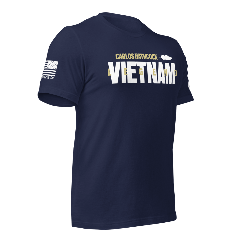 Navy blue Carlos Hathcock "VIETNAM LEGEND" t-shirt shown from a three-quarter view, with an American flag on the sleeve.