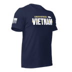 Navy blue Carlos Hathcock "VIETNAM LEGEND" t-shirt shown from a three-quarter view, with an American flag on the sleeve.