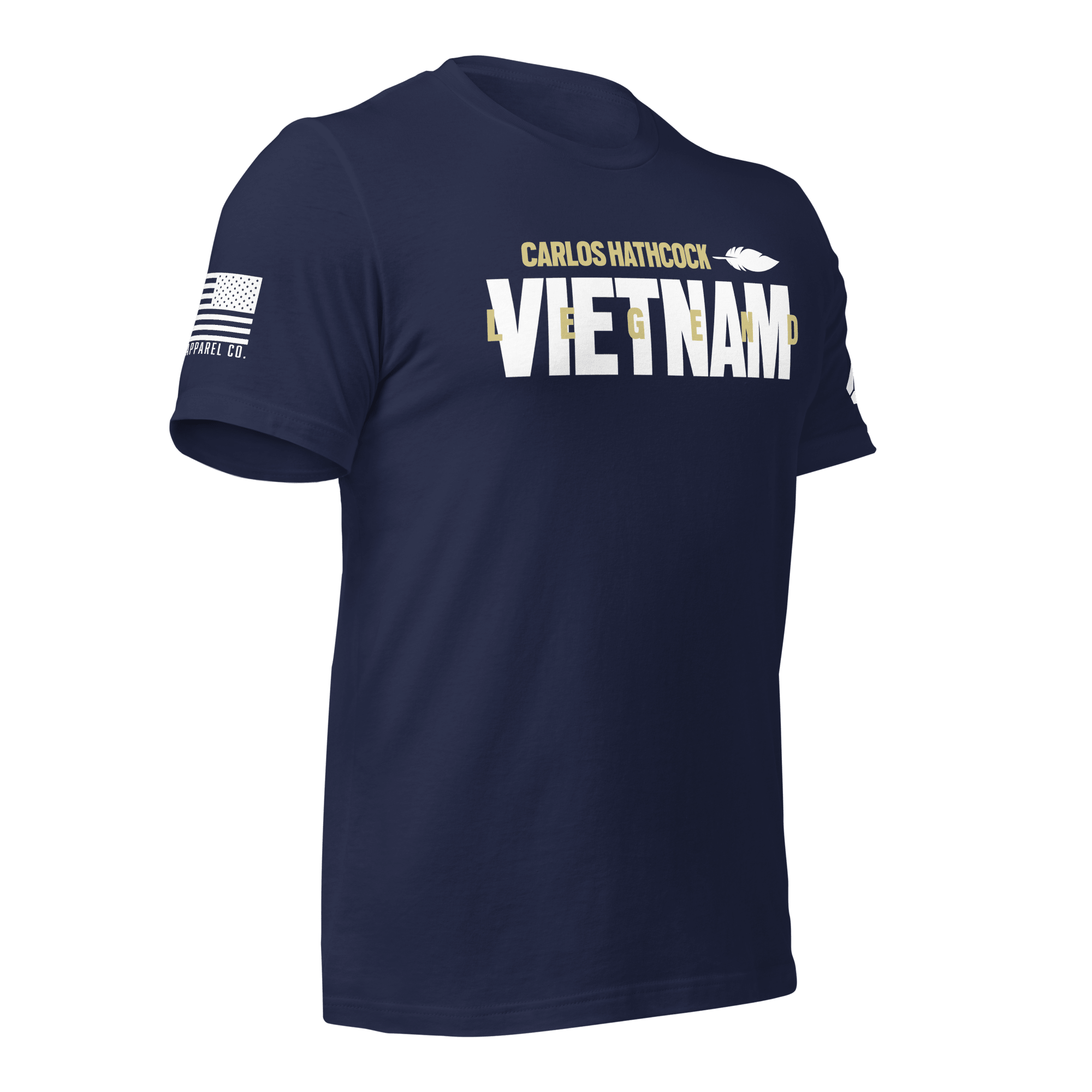 Navy blue Carlos Hathcock "VIETNAM LEGEND" t-shirt shown from a three-quarter view, with an American flag on the sleeve.