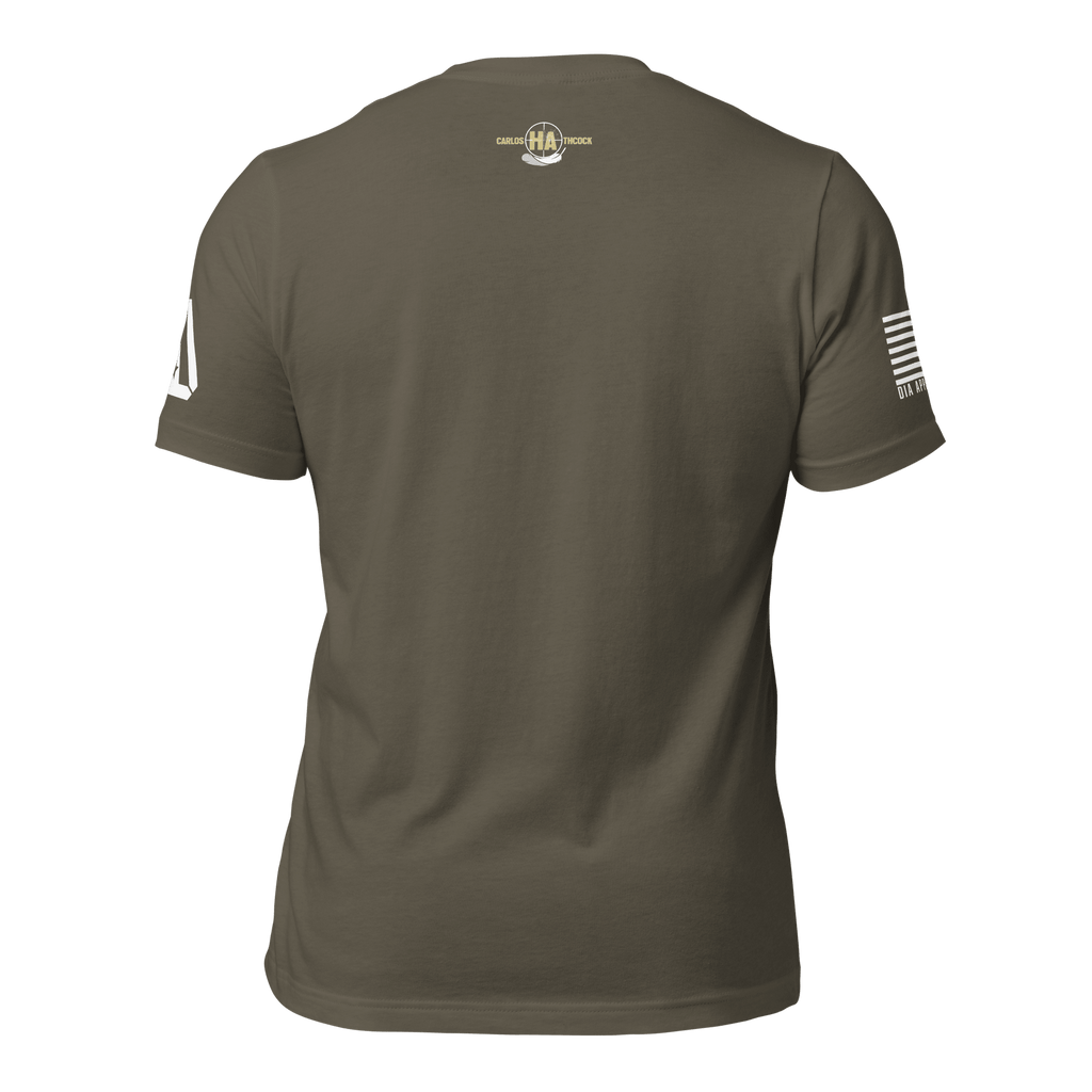 Army green t-shirt shown from the back with a Carlos Hathcock graphic, featuring a DIA logo on the sleeve.