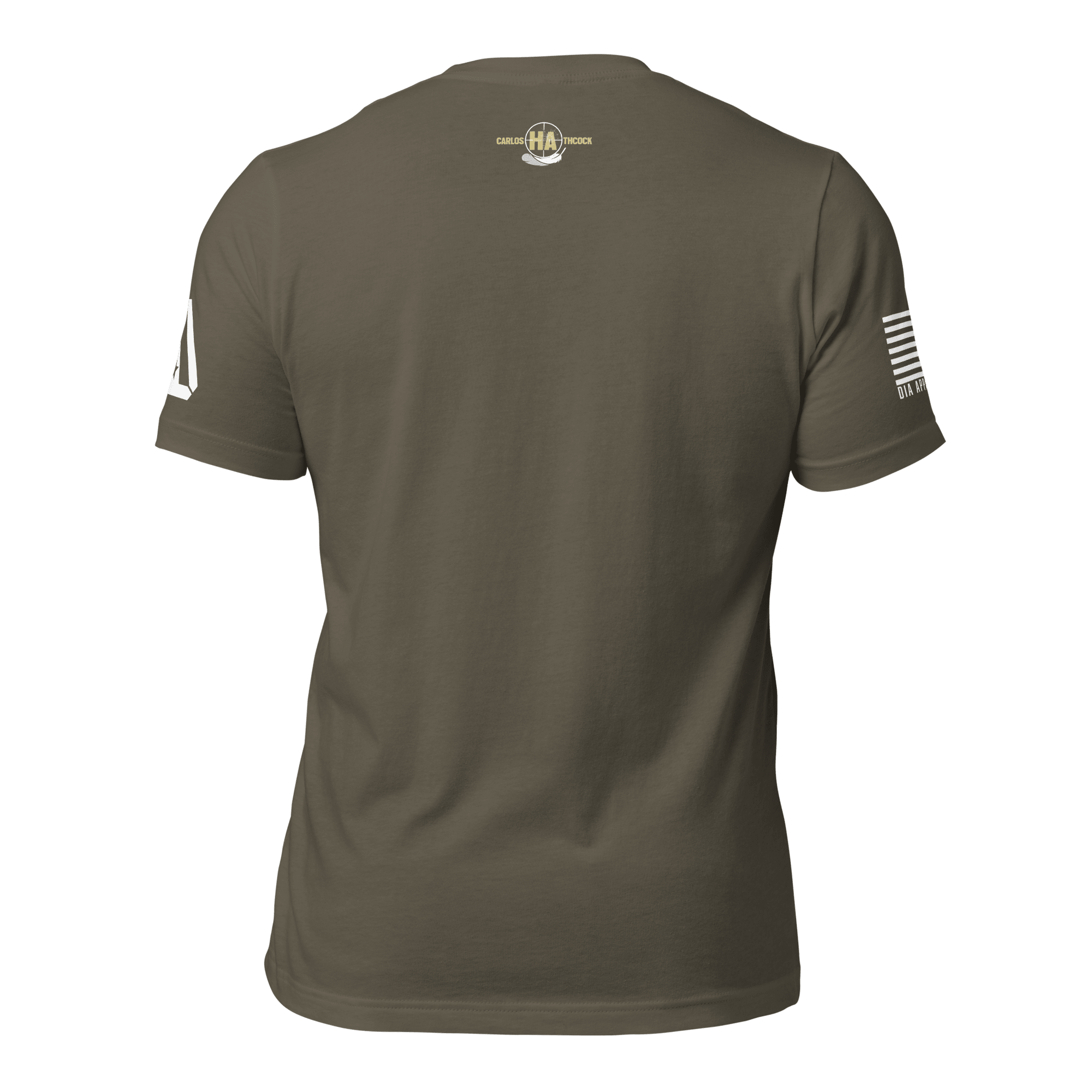 Army green t-shirt shown from the back with a Carlos Hathcock graphic, featuring a DIA logo on the sleeve.