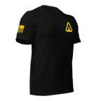 Black t-shirt shown from a three-quarter view, featuring a yellow DIA logo on the chest and an American flag on the sleeve.