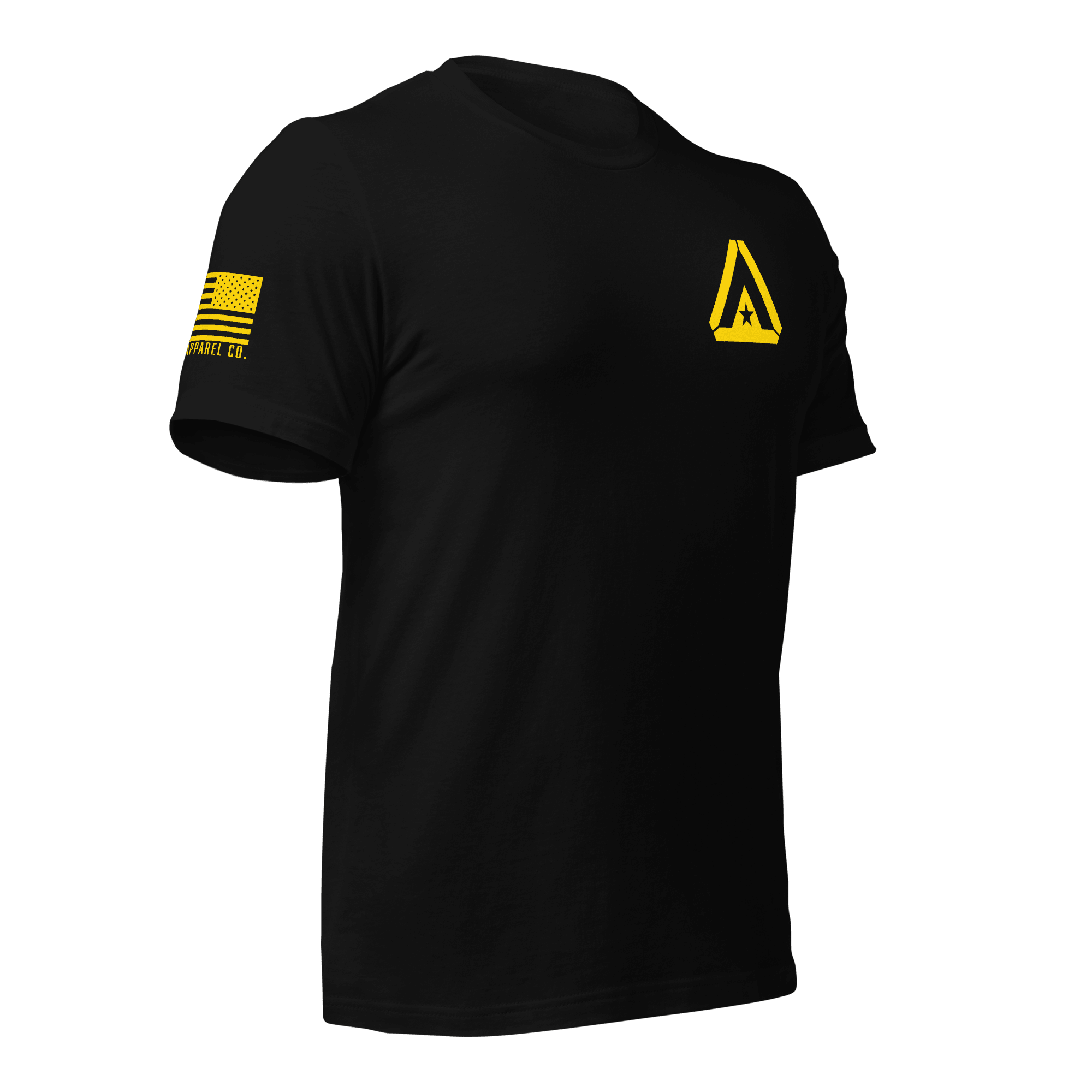 Black t-shirt shown from a three-quarter view, featuring a yellow DIA logo on the chest and an American flag on the sleeve.
