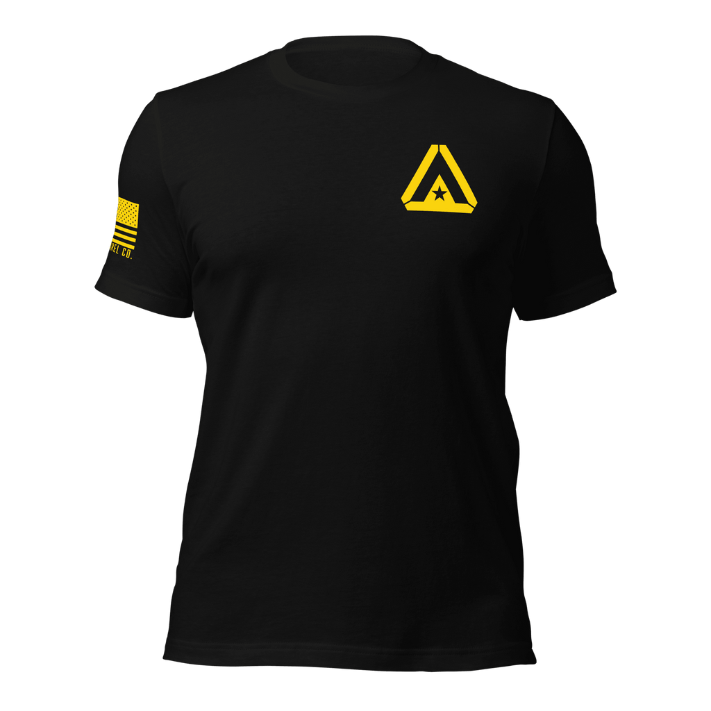 Black t-shirt featuring a yellow DIA logo on the chest, with an American flag on the sleeve.