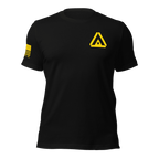 Black t-shirt featuring a yellow DIA logo on the chest, with an American flag on the sleeve.