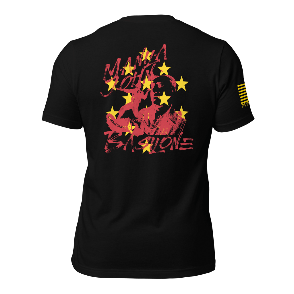 Black t-shirt featuring a back graphic with the text "Manila John Basilone" in a red distressed font, DIA logo on sleeve.