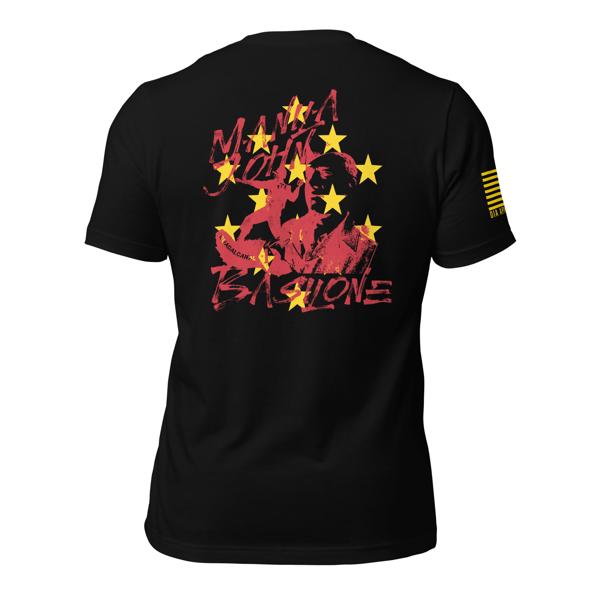 Black t-shirt featuring a back graphic with the text "Manila John Basilone" in a red distressed font, DIA logo on sleeve.