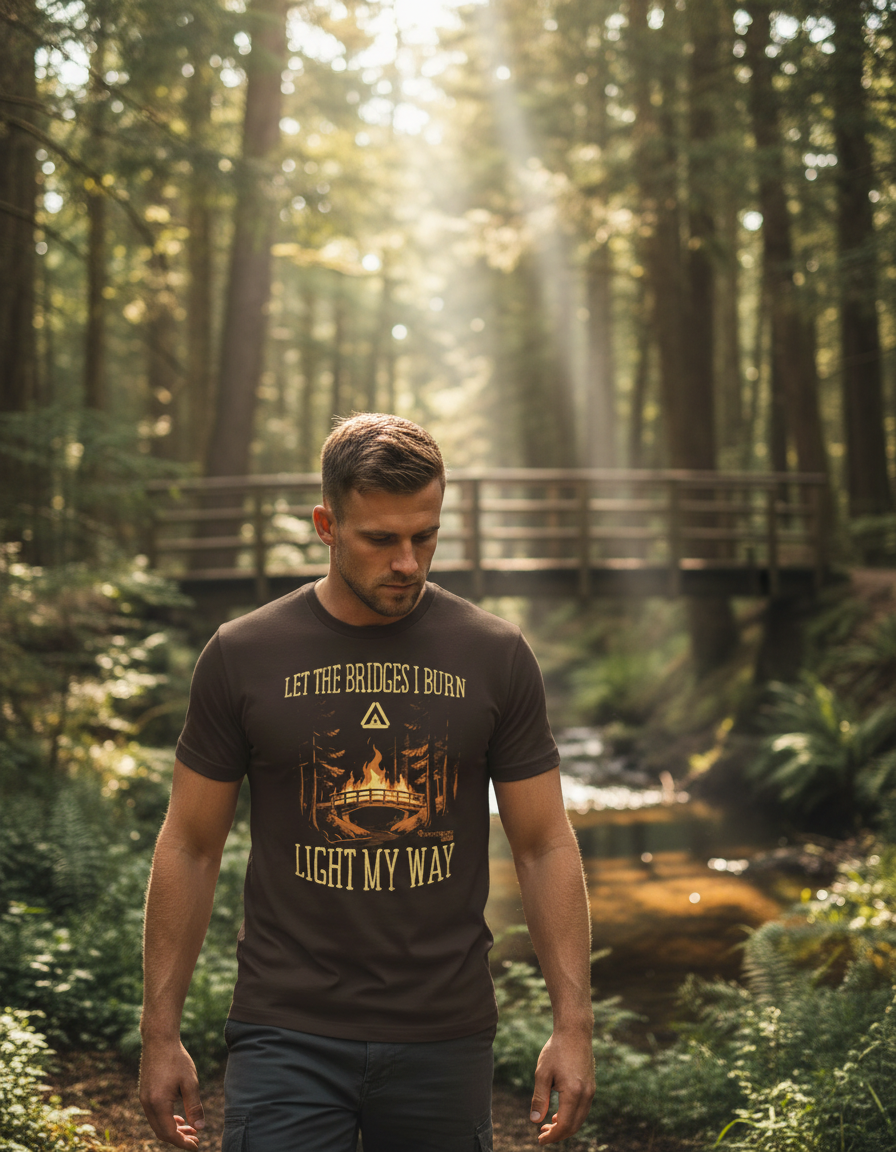 A man in a forest setting, wearing a brown t-shirt with the text "LET THE BRIDGES I BURN LIGHT MY WAY" and a bridge graphic.