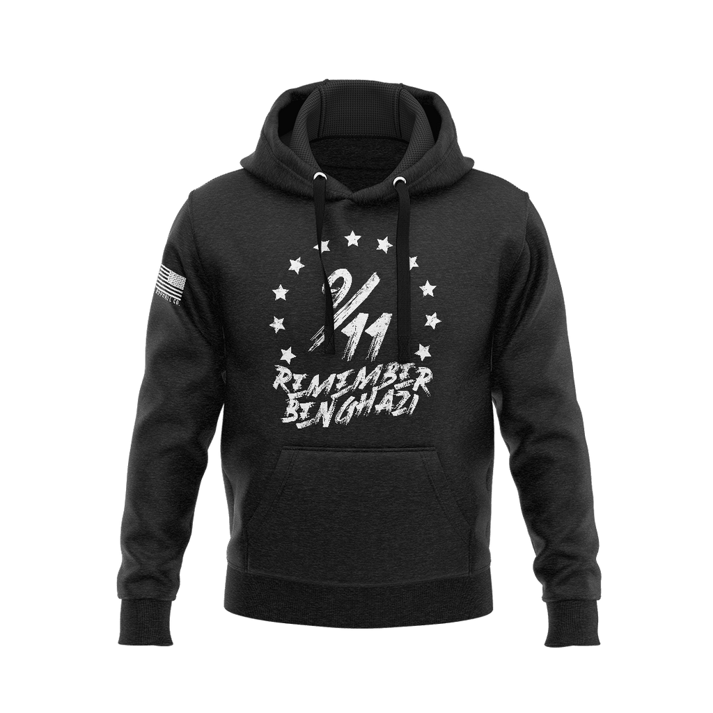 Black hoodie featuring a "9/11" graphic with stars, "REMEMBER BENGHAZI" text, and an American flag on the right sleeve.