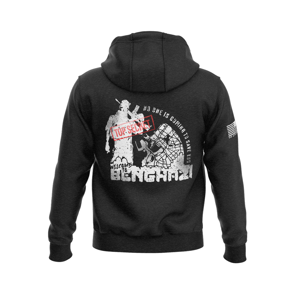 Black hoodie featuring a back graphic with a white soldier, a red "TOP SECRET" stamp, and a white flag on the right sleeve.