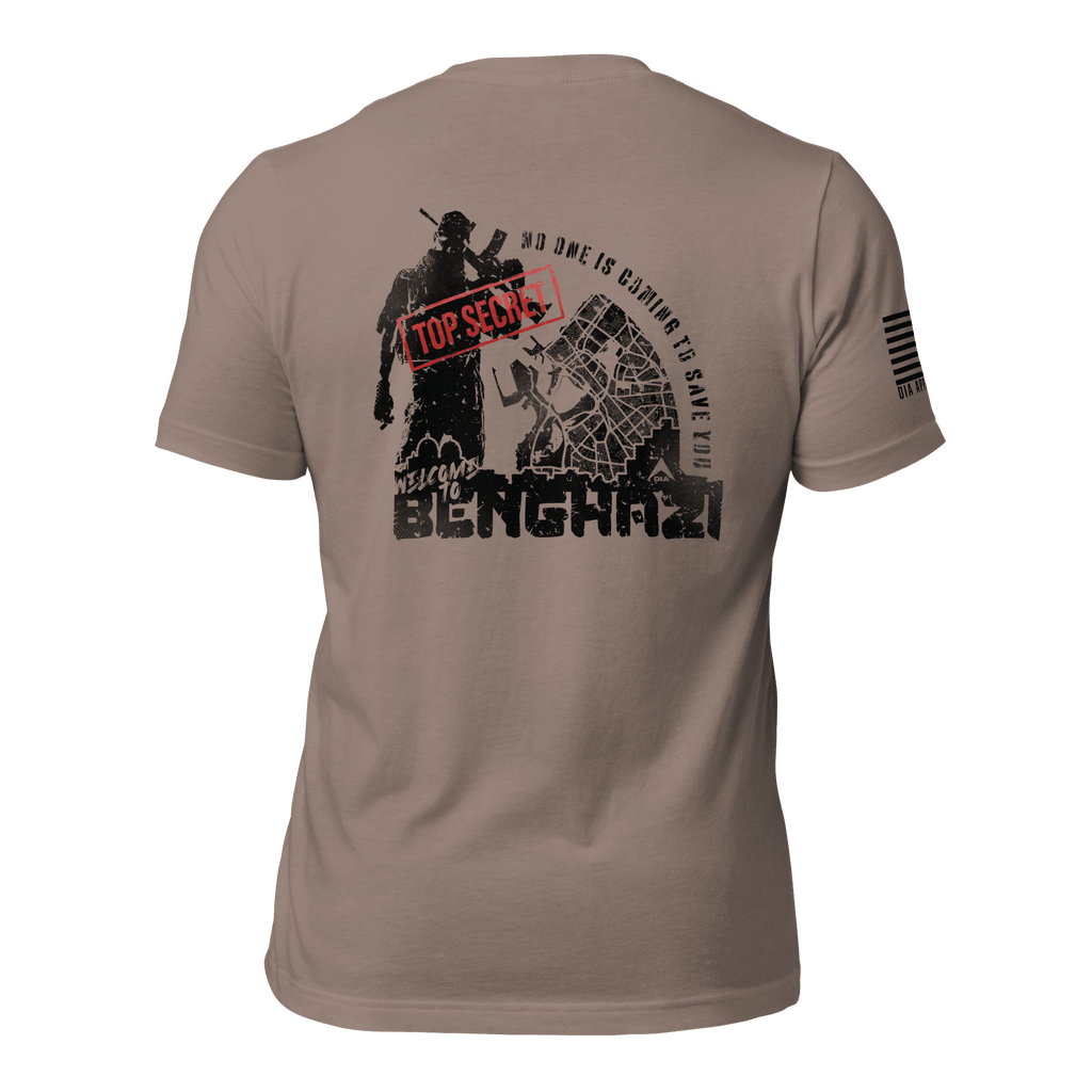 Pebble t-shirt back view, featuring a black "Benghazi" operator graphic, red stamp, and a black American flag on the sleeve.