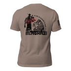 Pebble t-shirt back view, featuring a black "Benghazi" operator graphic, red stamp, and a black American flag on the sleeve.