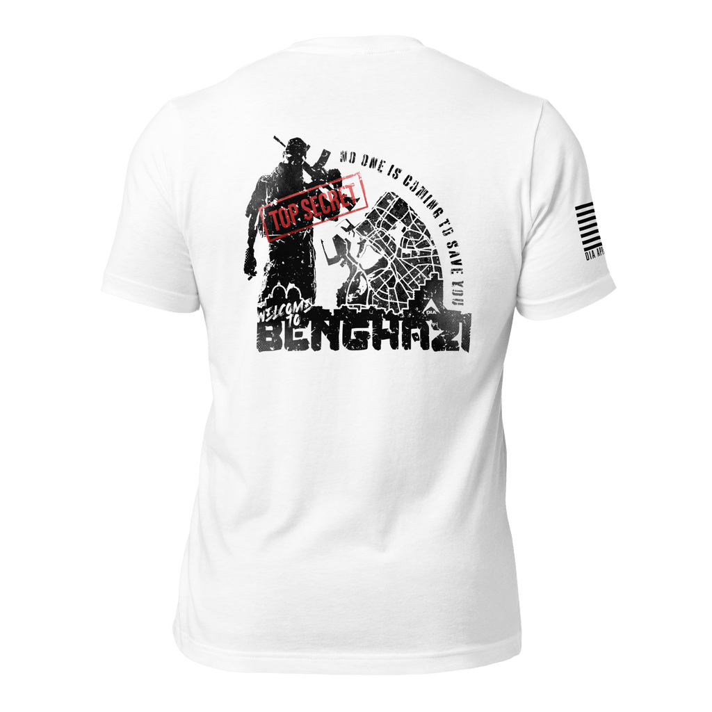 White t-shirt back view, featuring a black Benghazi operator graphic, red stamp, and a black American flag.