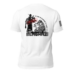 White t-shirt back view, featuring a black Benghazi operator graphic, red stamp, and a black American flag.
