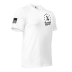 White t-shirt angled left featuring a "9/11 Remember Benghazi" chest graphic and a black American flag.