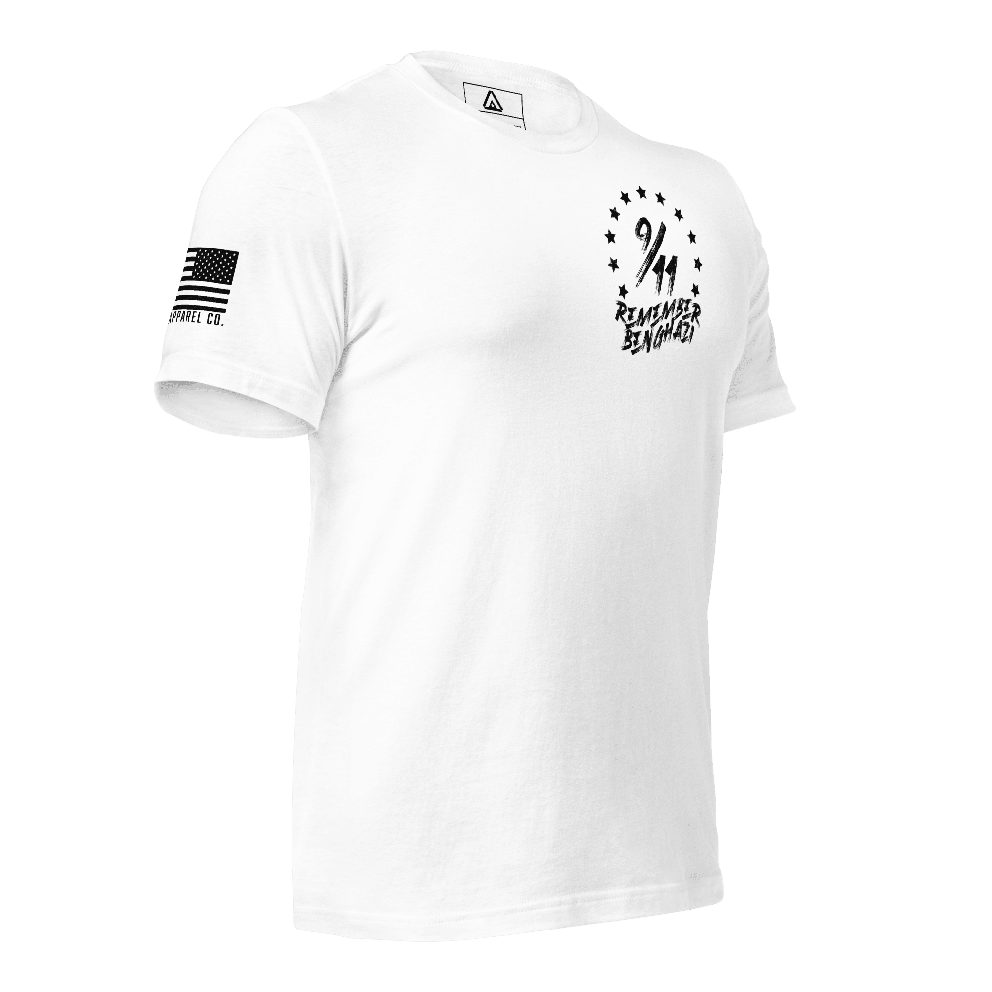 White t-shirt angled left featuring a "9/11 Remember Benghazi" chest graphic and a black American flag.