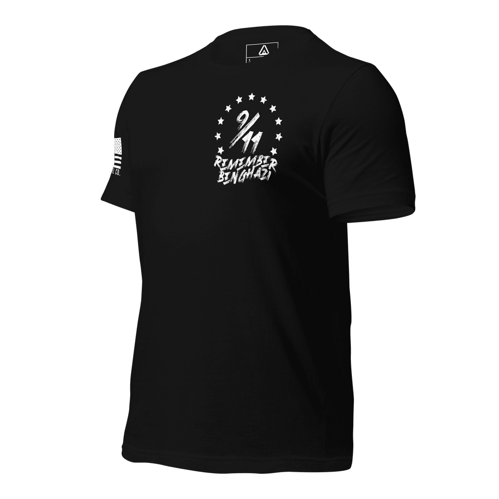 Black t-shirt angled right featuring a "9/11 Remember Benghazi" chest graphic and a white American flag on the sleeve.
