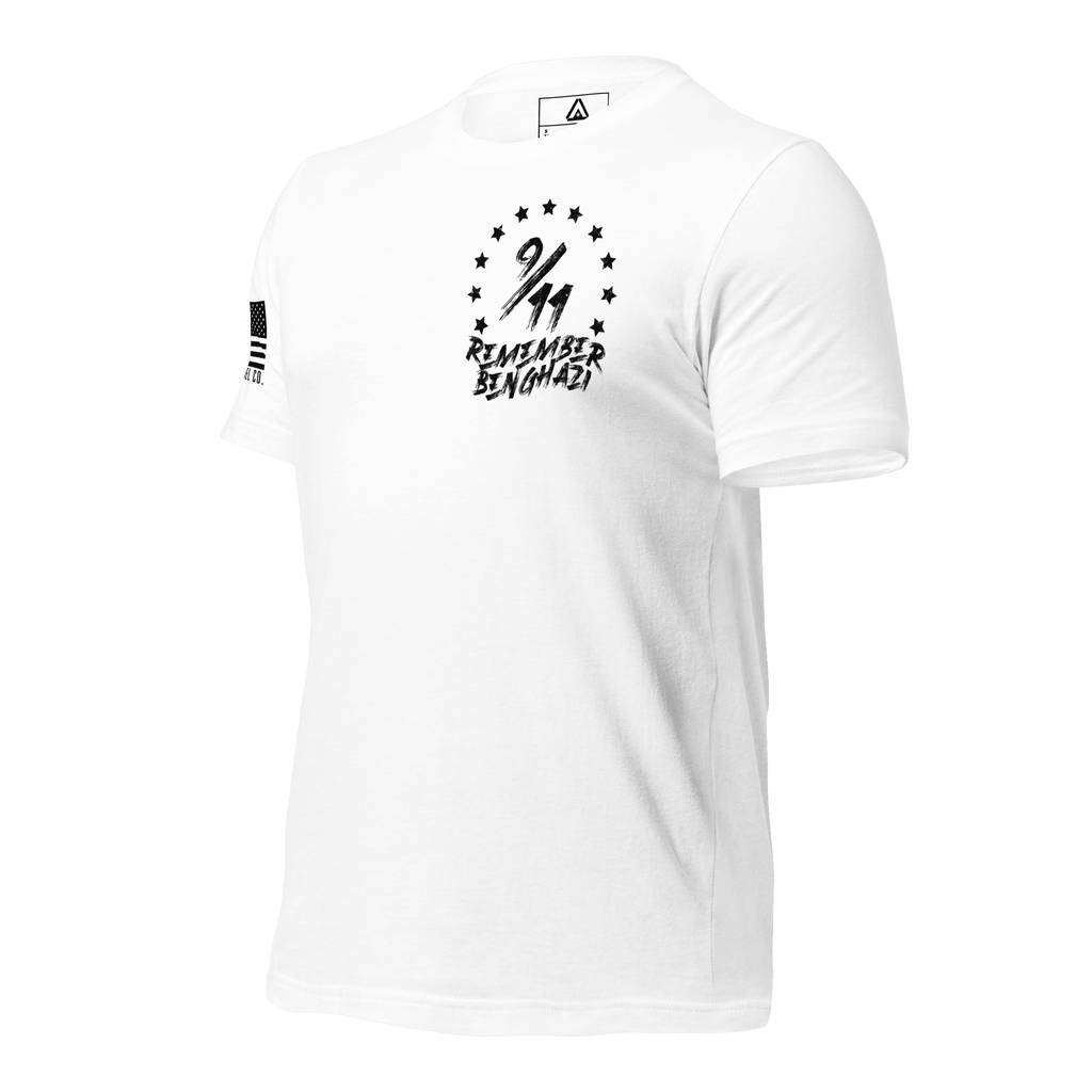 White t-shirt angled right featuring a "9/11 Remember Benghazi" chest graphic and a black American flag.