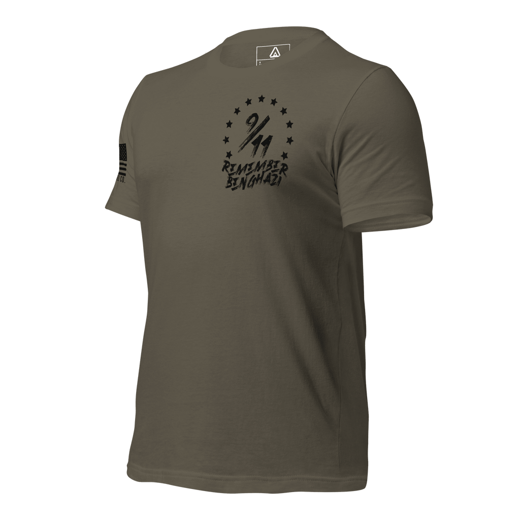 Army green t-shirt angled right featuring a "9/11 Remember Benghazi" chest graphic and a black American flag.