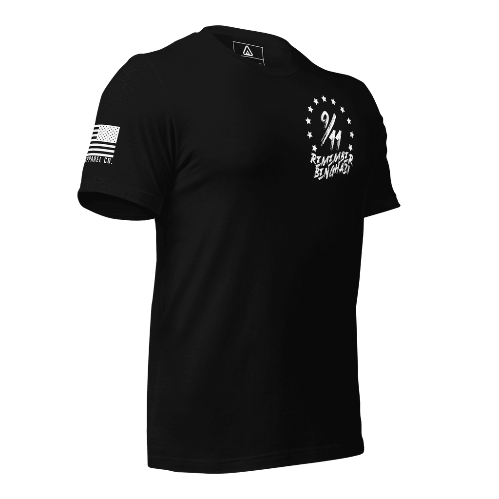 Black t-shirt angled left featuring a "9/11 Remember Benghazi" chest graphic and a white American flag on the sleeve.