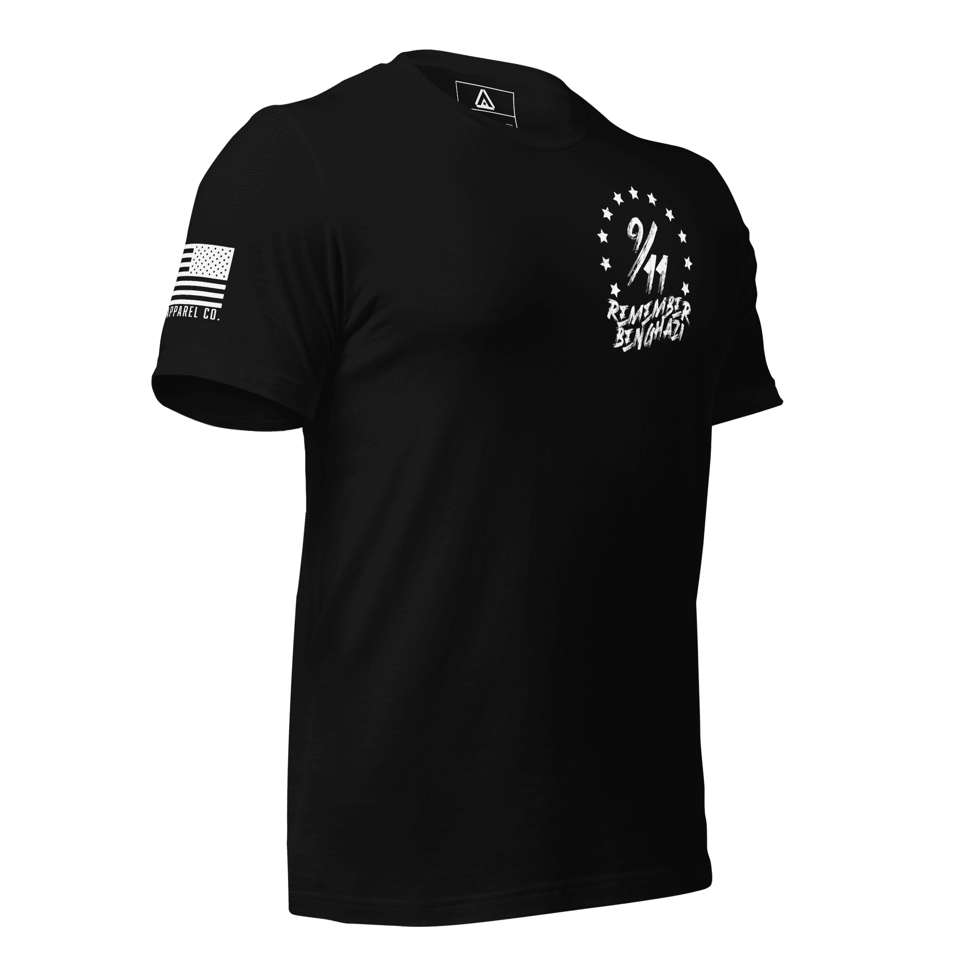 Black t-shirt angled left featuring a "9/11 Remember Benghazi" chest graphic and a white American flag on the sleeve.
