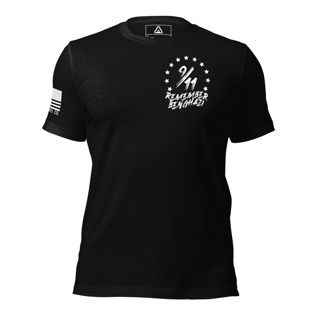 Black t-shirt featuring a "9/11 Remember Benghazi" chest graphic and a white American flag on the sleeve.