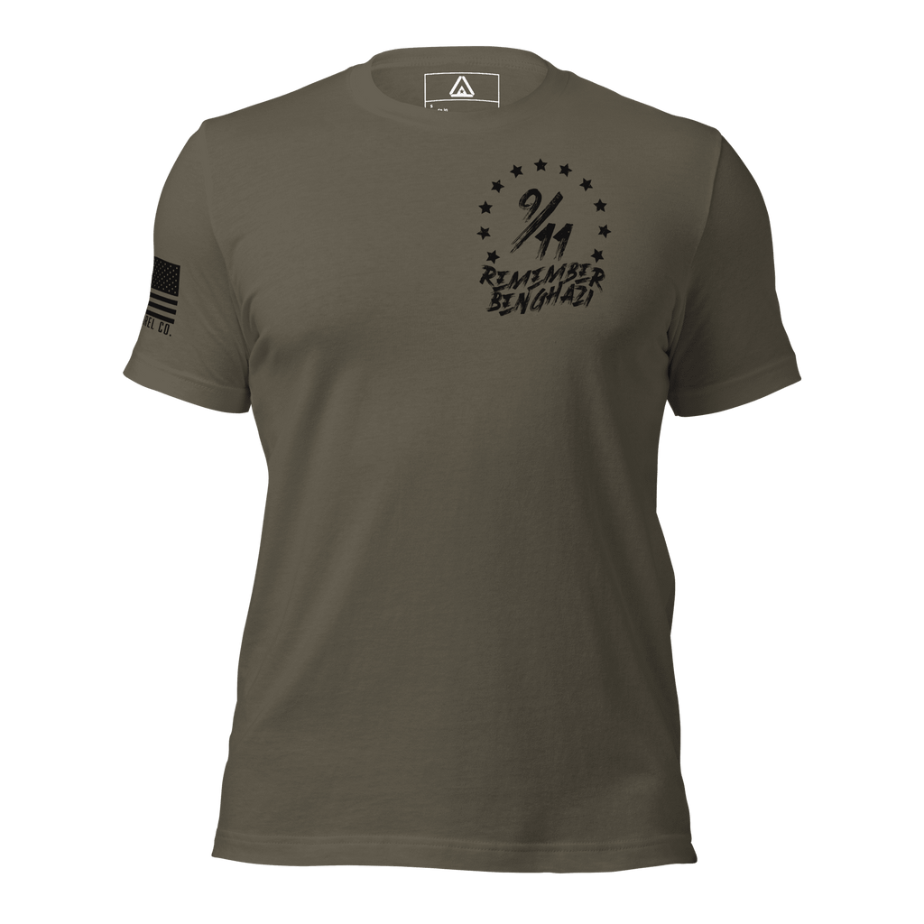 Army green t-shirt featuring a "9/11 Remember Benghazi" chest graphic and a black American flag on the sleeve.