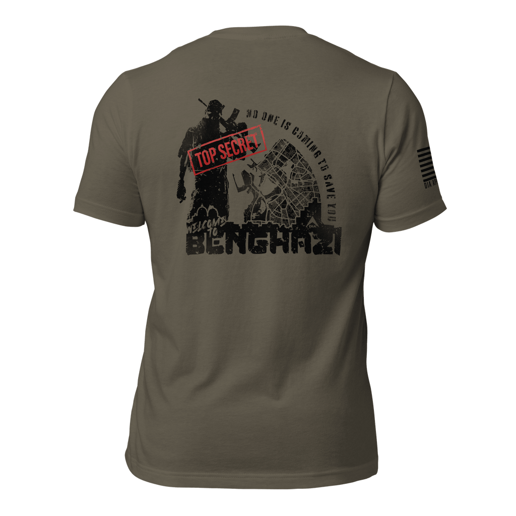 Army green t-shirt back view, featuring a black Benghazi operator graphic, red stamp, and black American flag.