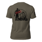 Army green t-shirt back view, featuring a black Benghazi operator graphic, red stamp, and black American flag.