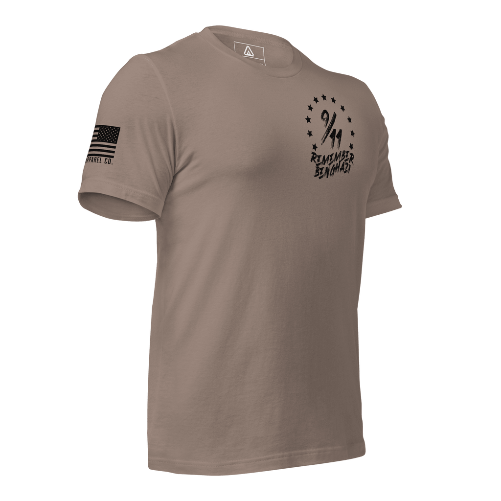 Pebble t-shirt angled left featuring a "9/11 Remember Benghazi" chest graphic and a black American flag on the sleeve.