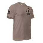 Pebble t-shirt angled left featuring a "9/11 Remember Benghazi" chest graphic and a black American flag on the sleeve.
