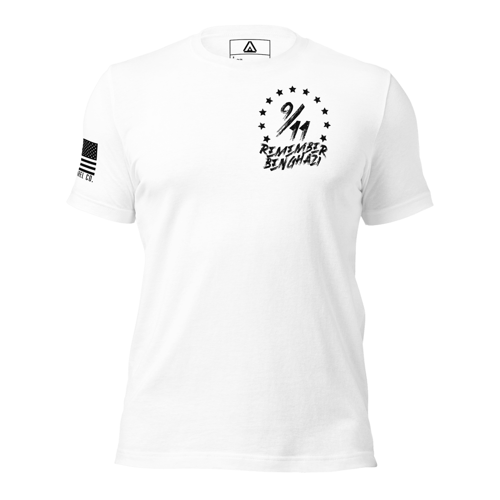 White t-shirt featuring a "9/11 Remember Benghazi" chest graphic and a black American flag on the sleeve.