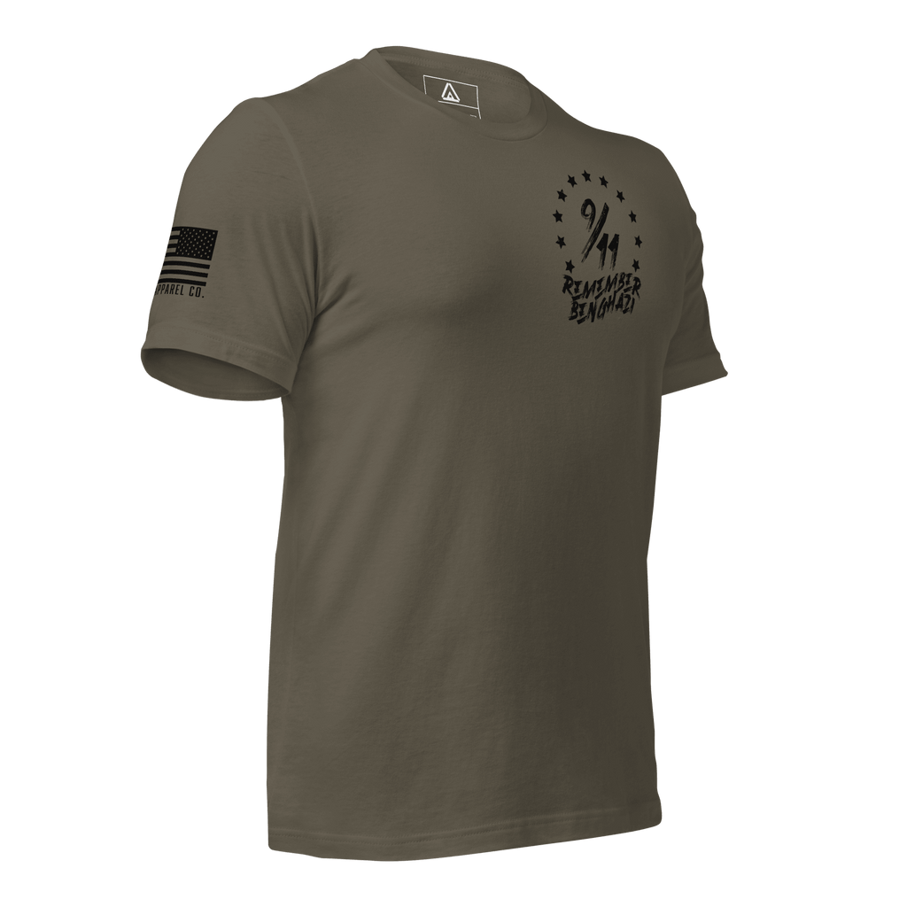 Army green t-shirt angled left featuring a "9/11 Remember Benghazi" chest graphic and a black American flag.
