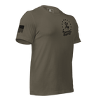 Army green t-shirt angled left featuring a "9/11 Remember Benghazi" chest graphic and a black American flag.