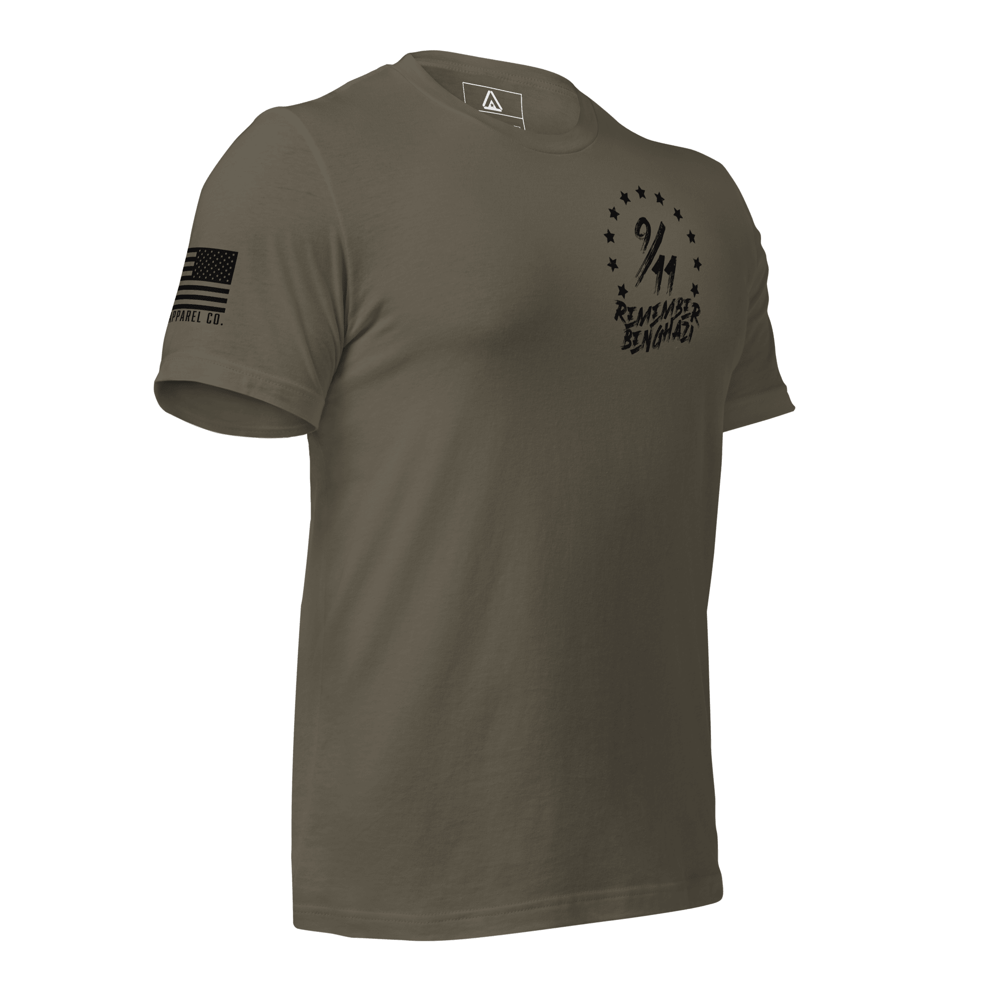 Army green t-shirt angled left featuring a "9/11 Remember Benghazi" chest graphic and a black American flag.