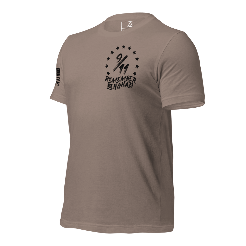 Pebble t-shirt angled right featuring a "9/11 Remember Benghazi" chest graphic and a black American flag on the sleeve.