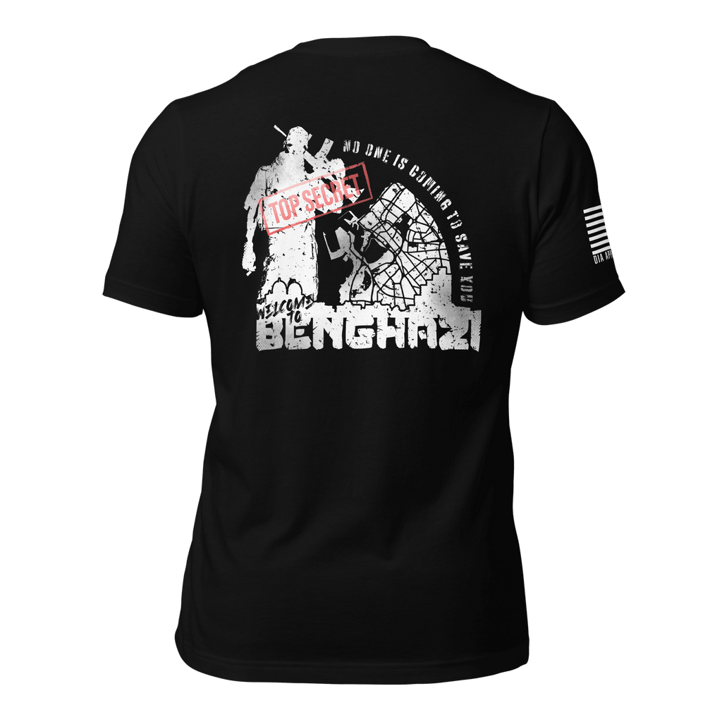 Black t-shirt back view, featuring a white Benghazi operator graphic, red stamp, and a white American flag on the sleeve.