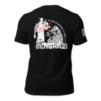Black t-shirt back view, featuring a white Benghazi operator graphic, red stamp, and a white American flag on the sleeve.