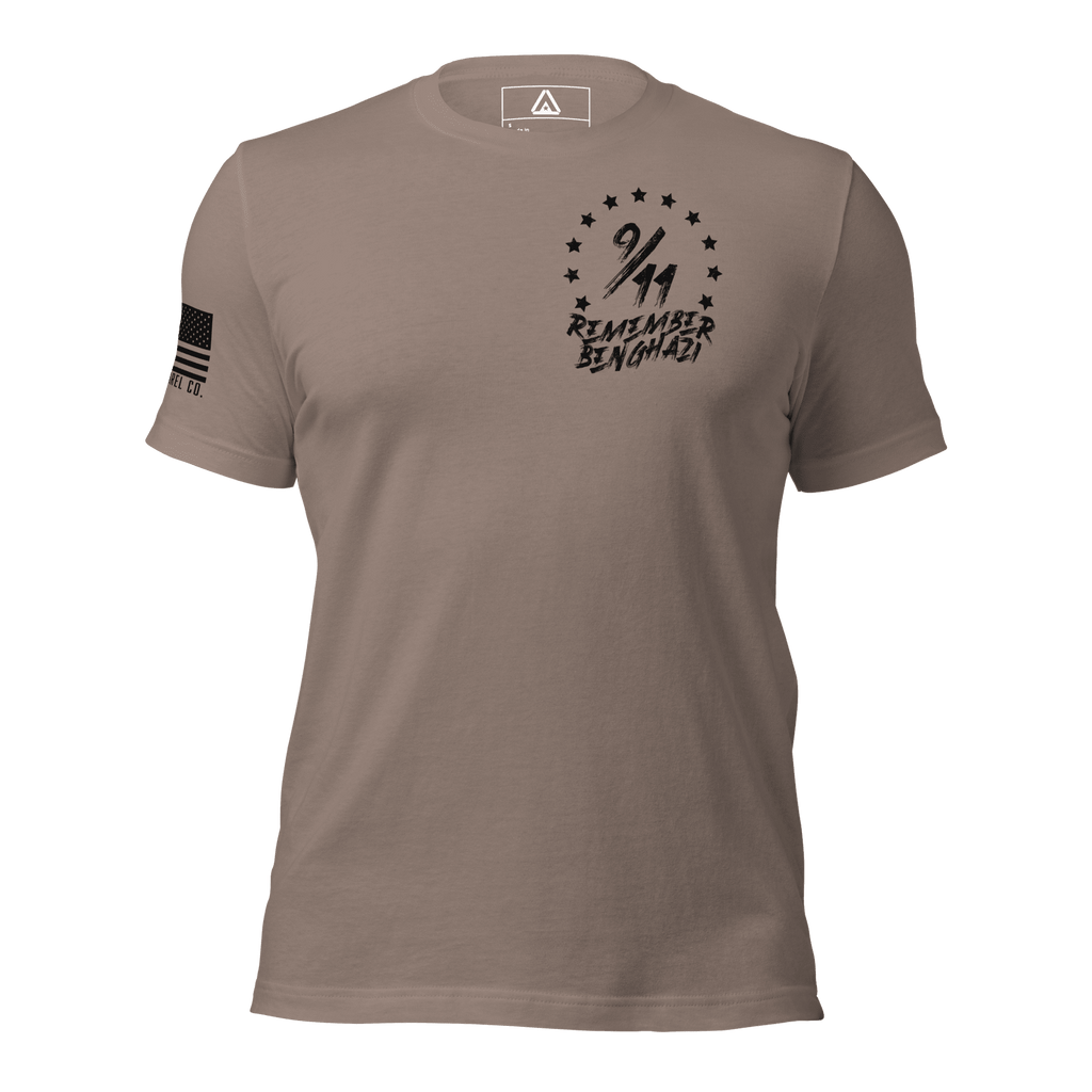 Pebble t-shirt featuring a "9/11 Remember Benghazi" chest graphic and a black American flag on the sleeve.
